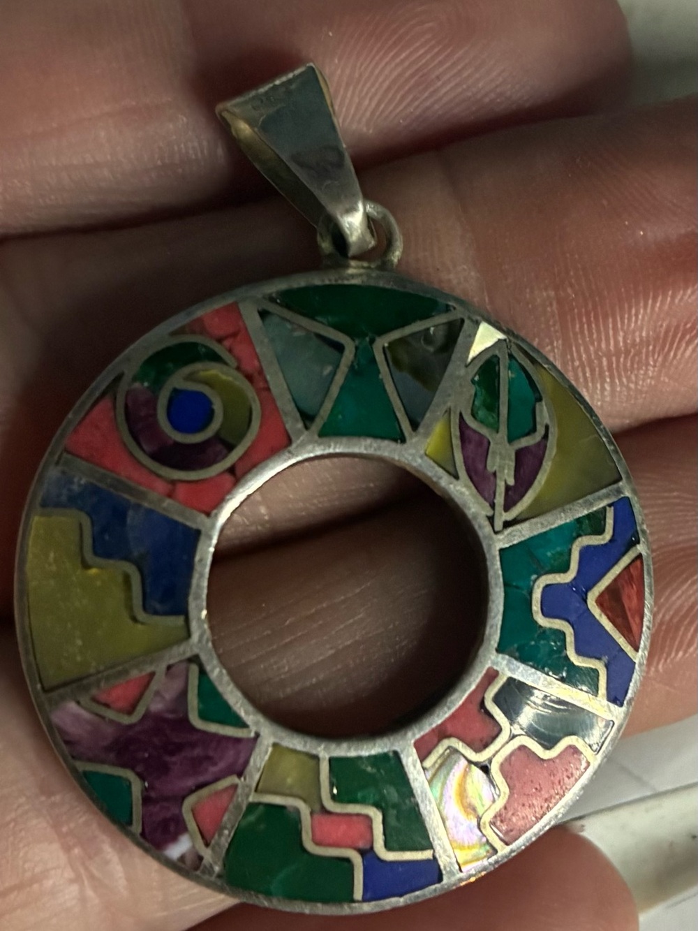 950 Sterling Silver Colorful Multicolor Round Inlay Pendant Necklace